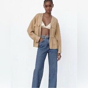 Zara Open Ruffle Jacket Sz M Utility Style Peplum Front Patch Pockets Beige Tan